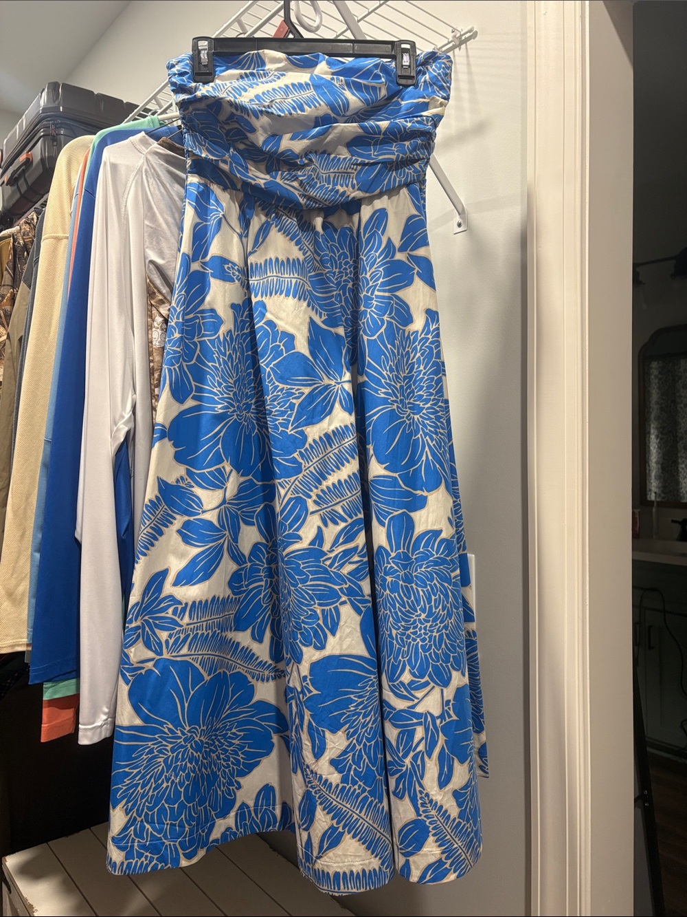 NWT! Olivaceous Blue and White Strapless Floral Midi Dress